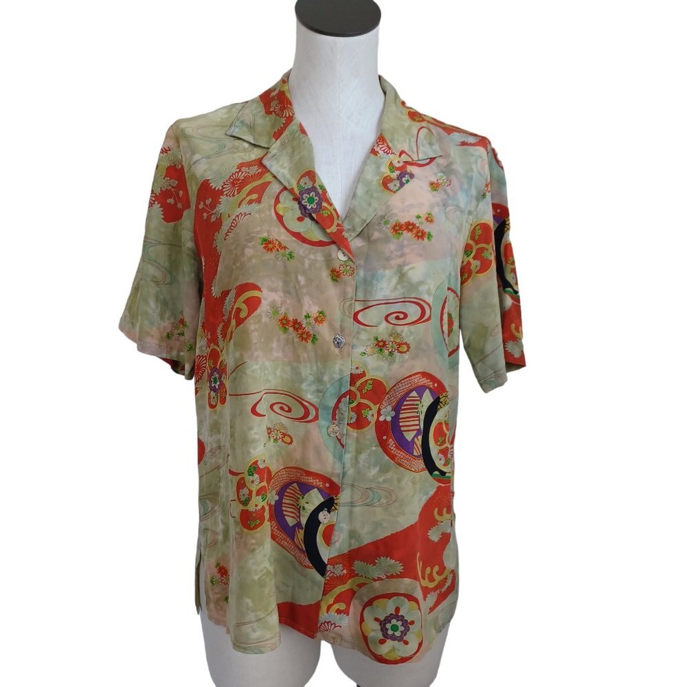 Citron Santa Monica Silk Blouse Camp Shirt Womens Medium‎